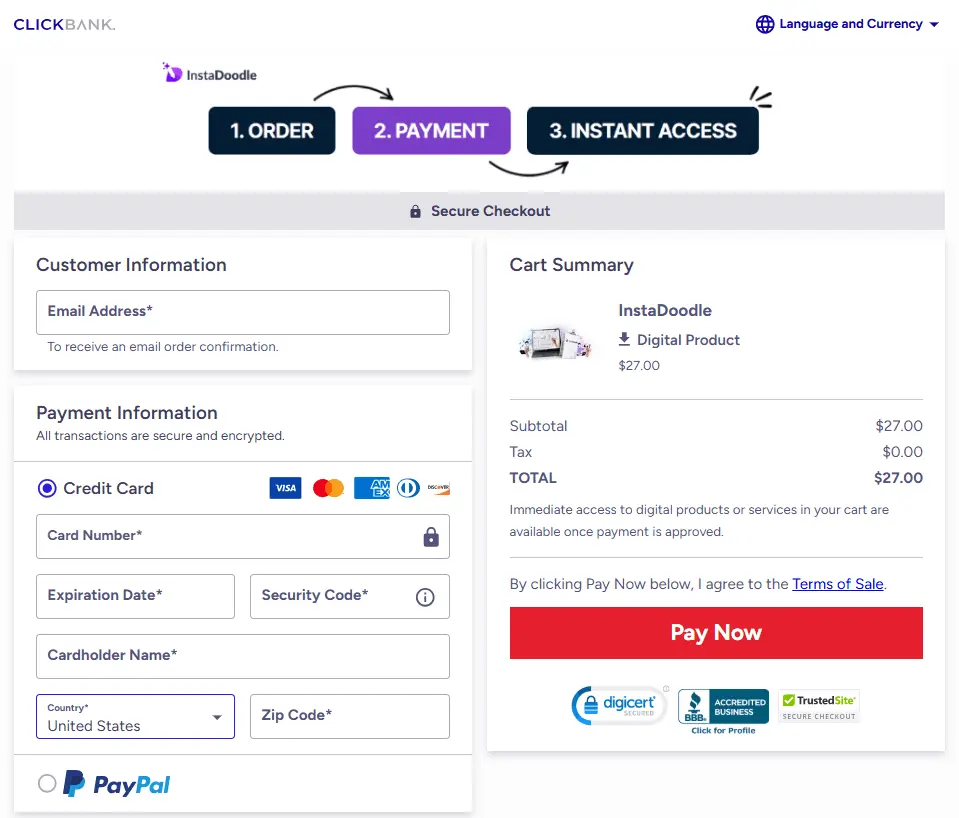 Instadoodle Payment process  