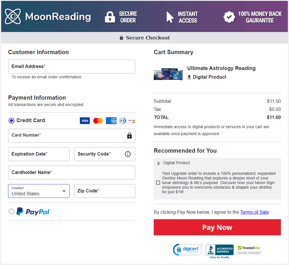 Moon Reading Payment process  